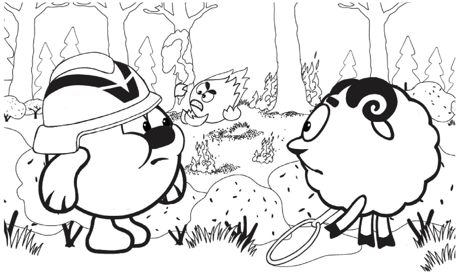 Раскраска с персонажами из мультсериала “Смешарики. Азбука защиты леса”.